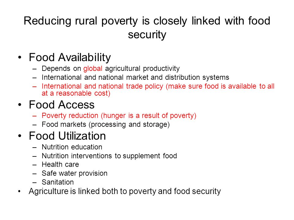Reducing rural poverty is closely linked with food security Food Availability –Depends on global agricultural productivity –International and national market and distribution systems –International and national trade policy (make sure food is available to all at a reasonable cost) Food Access –Poverty reduction (hunger is a result of poverty) –Food markets (processing and storage) Food Utilization –Nutrition education –Nutrition interventions to supplement food –Health care –Safe water provision –Sanitation Agriculture is linked both to poverty and food security