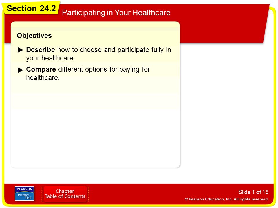 Section 24.2 Participating in Your Healthcare Slide 1 of 18 Objectives Describe how to choose and participate fully in your healthcare.