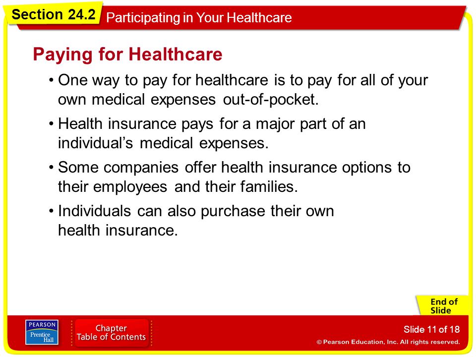 Section 24.2 Participating in Your Healthcare Slide 11 of 18 One way to pay for healthcare is to pay for all of your own medical expenses out-of-pocket.
