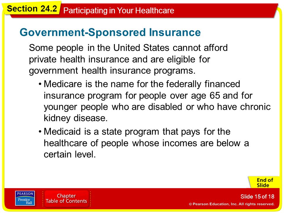 Section 24.2 Participating in Your Healthcare Slide 15 of 18 Some people in the United States cannot afford private health insurance and are eligible for government health insurance programs.