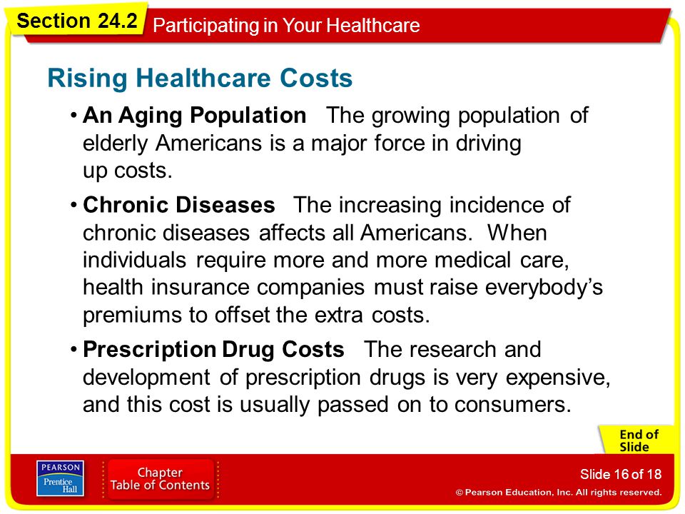 Section 24.2 Participating in Your Healthcare Slide 16 of 18 An Aging Population The growing population of elderly Americans is a major force in driving up costs.