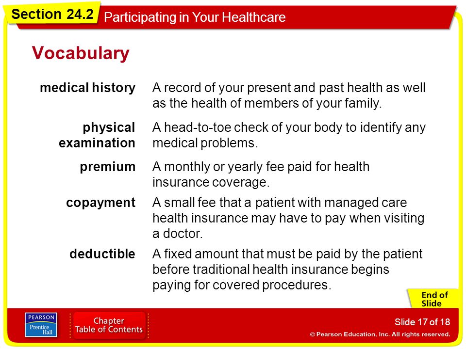 Section 24.2 Participating in Your Healthcare Slide 17 of 18 Vocabulary medical historyA record of your present and past health as well as the health of members of your family.