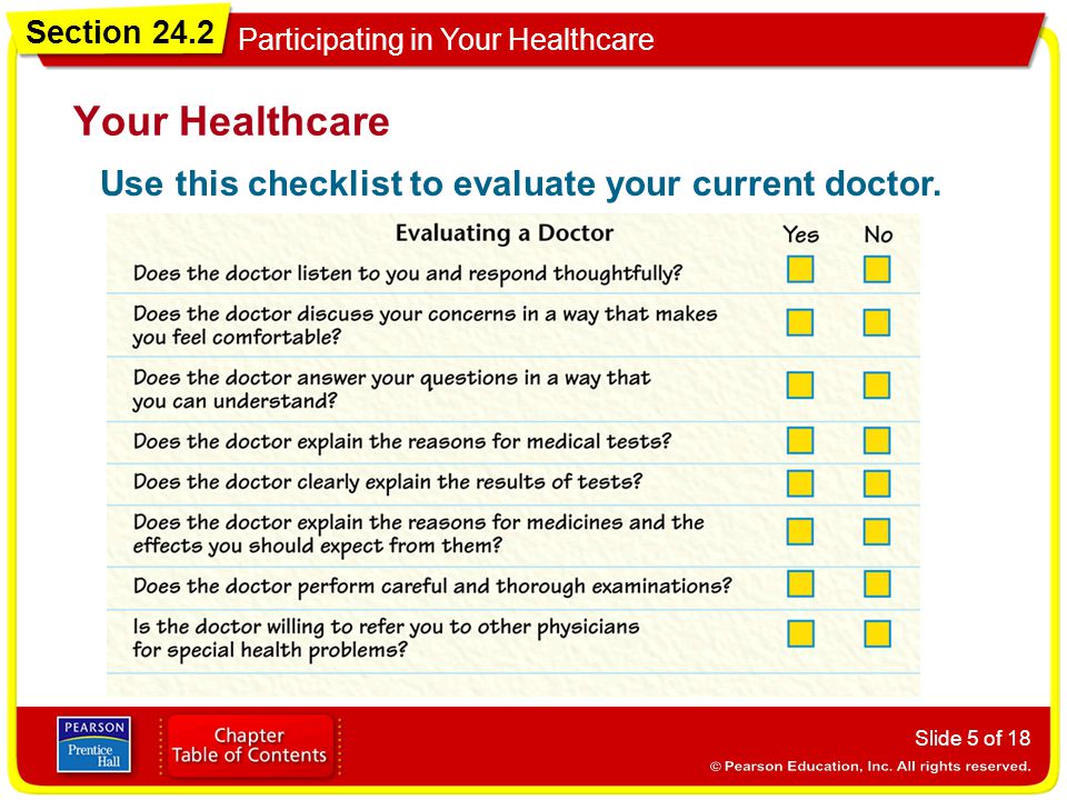 Section 24.2 Participating in Your Healthcare Slide 5 of 18 Your Healthcare Use this checklist to evaluate your current doctor.