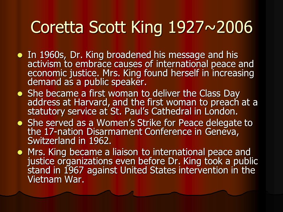 Pioneer of Civil Rights Coretta Scott King Date of birth: April 27, 1927 Date of death: January 31, ppt download Coretta Scott King 1927~2006 In 1960s, Dr. - 웹 Pioneer of Civil Rights Coretta Scott King Date of birth: April 27, 1927 Date of death: January 31, ppt download Coretta Scott King 1927~2006 In 1960s, Dr. - 웹