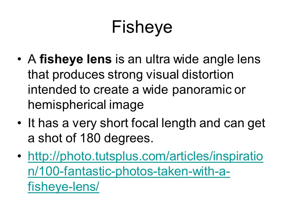 Fisheye A fisheye lens is an ultra wide angle lens that produces strong visual distortion intended to create a wide panoramic or hemispherical image It has a very short focal length and can get a shot of 180 degrees.
