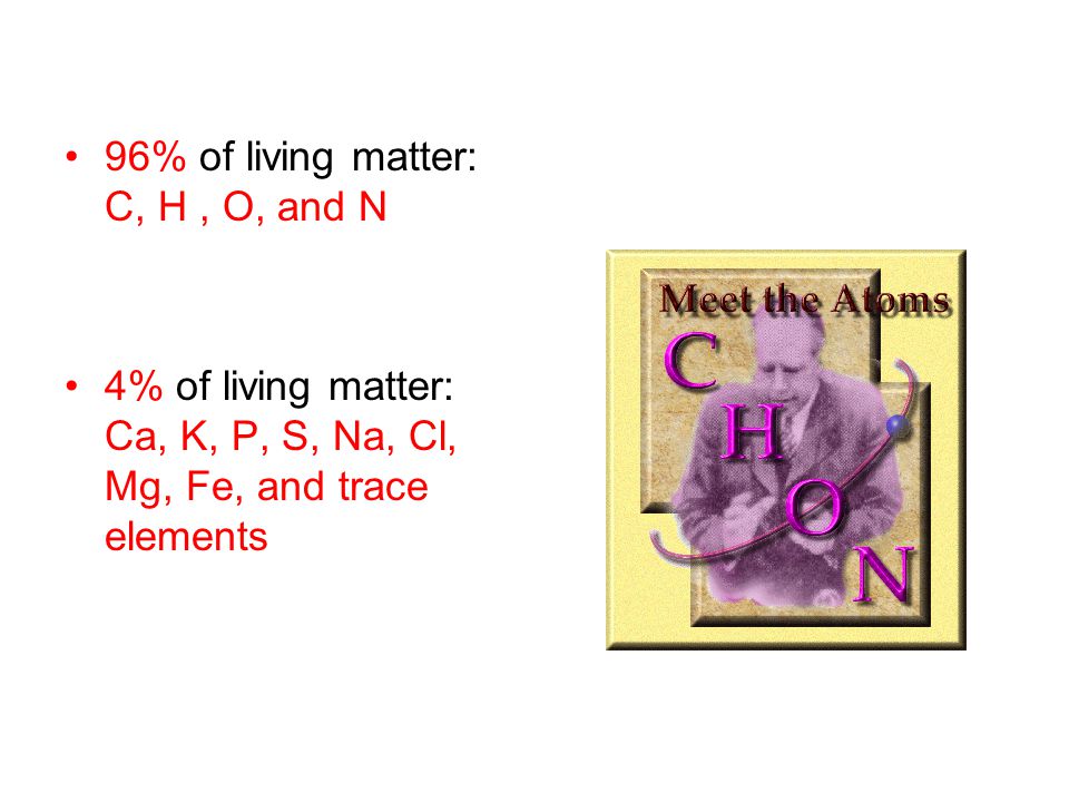 96% of living matter: C, H, O, and N 4% of living matter: Ca, K, P, S, Na, Cl, Mg, Fe, and trace elements