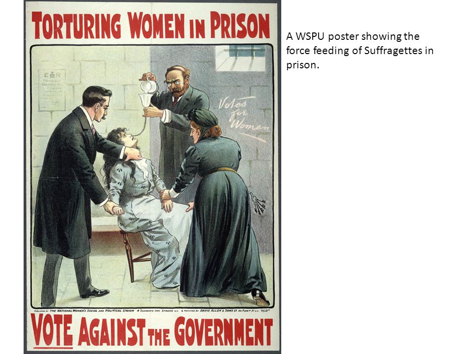 A WSPU poster showing the force feeding of Suffragettes in prison.