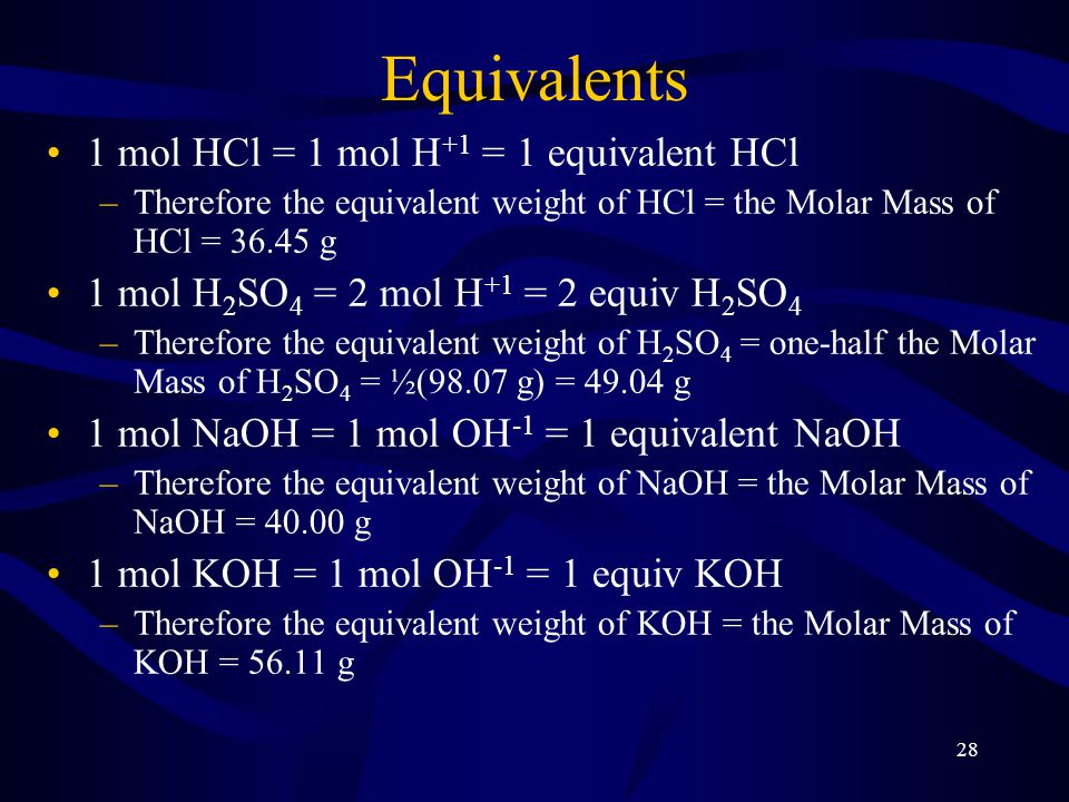 28 Equivalents 1 mol HCl = 1 mol H +1 = 1 equivalent HCl –Therefore the equivalent weight of HCl = the Molar Mass of HCl = g 1 mol H 2 SO 4 = 2 mol H +1 = 2 equiv H 2 SO 4 –Therefore the equivalent weight of H 2 SO 4 = one-half the Molar Mass of H 2 SO 4 = ½(98.07 g) = g 1 mol NaOH = 1 mol OH -1 = 1 equivalent NaOH –Therefore the equivalent weight of NaOH = the Molar Mass of NaOH = g 1 mol KOH = 1 mol OH -1 = 1 equiv KOH –Therefore the equivalent weight of KOH = the Molar Mass of KOH = g