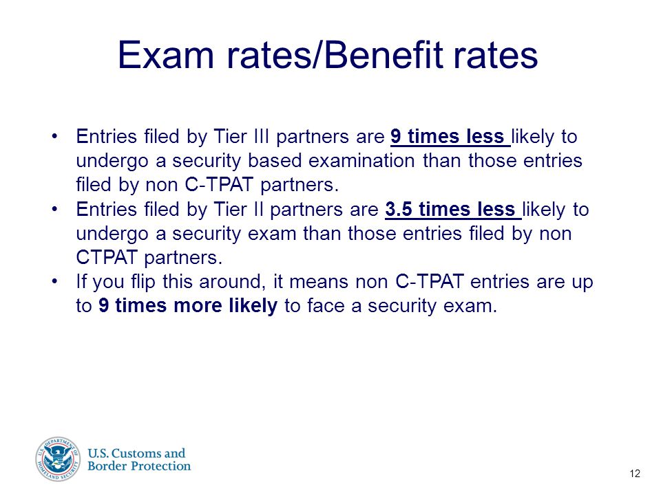 Presenter’s Name June 17, Exam rates/Benefit rates Entries filed by Tier III partners are 9 times less likely to undergo a security based examination than those entries filed by non C-TPAT partners.