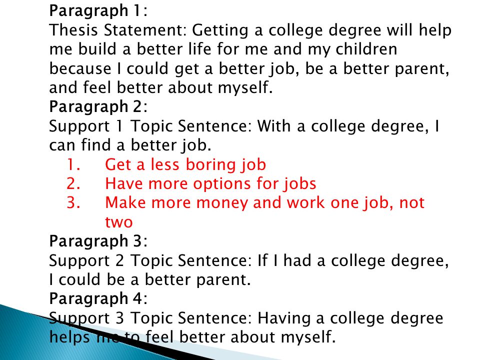 Paragraph 1: Thesis Statement: Getting a college degree will help me build a better life for me and my children because I could get a better job, be a better parent, and feel better about myself.