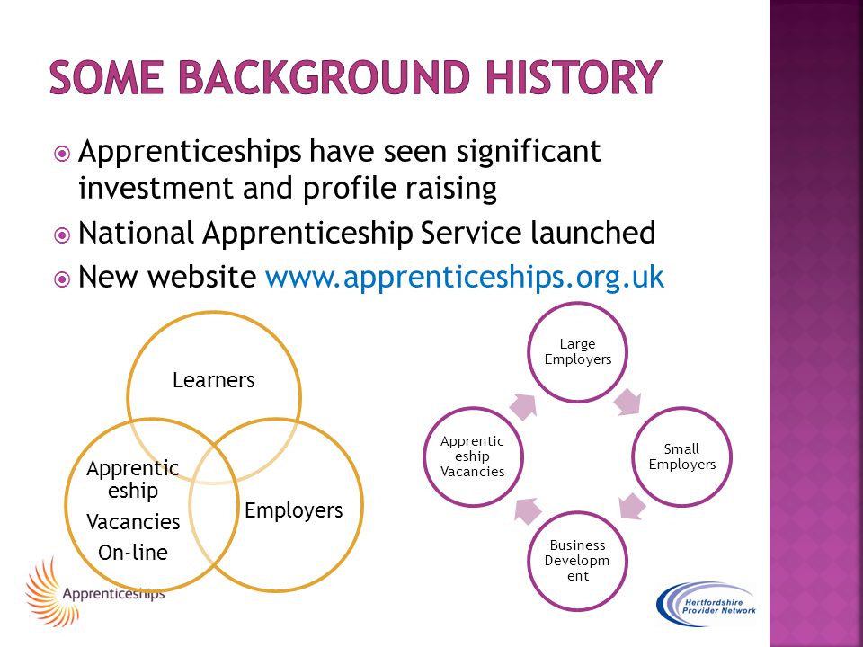  Apprenticeships have seen significant investment and profile raising  National Apprenticeship Service launched  New website   Learners Employers Apprentic eship Vacancies On-line Large Employers Small Employers Business Developm ent Apprentic eship Vacancies