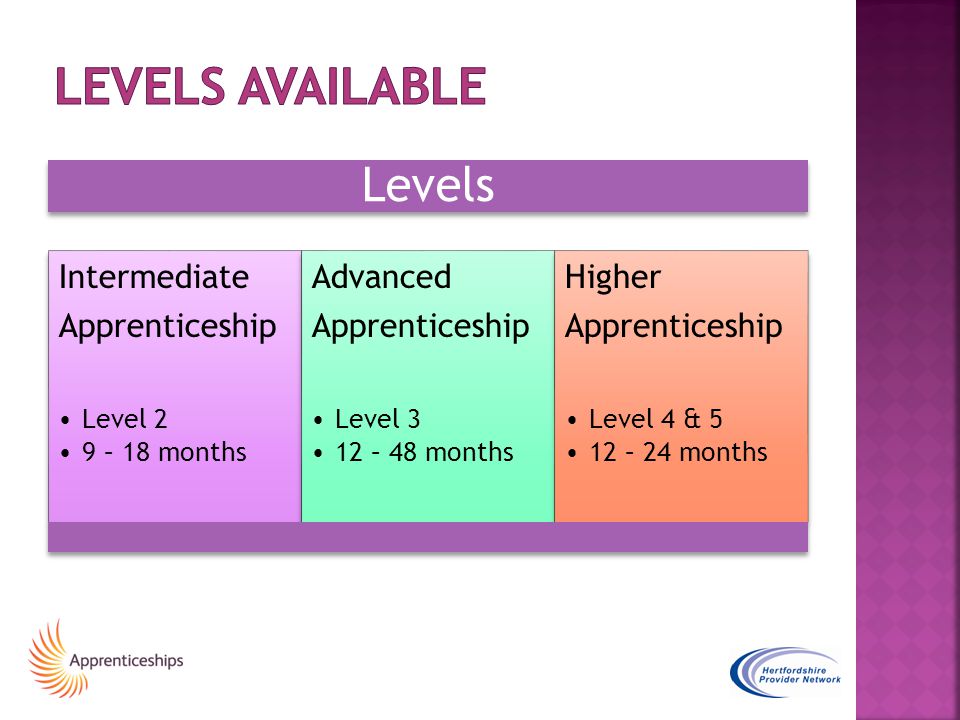 Levels Intermediate Apprenticesh ip Level 2 9 – 18 months Advanced Apprenticesh ip Level 3 12 – 48 months Higher Apprenticesh ip Level 4 & 5 12 – 24 months