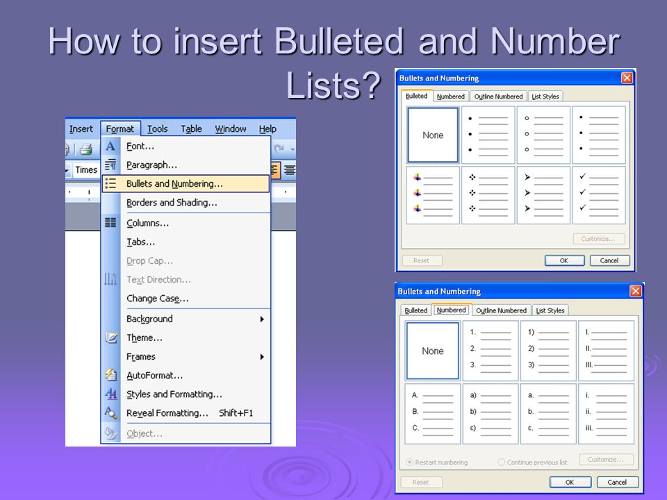How to insert Bulleted and Number Lists