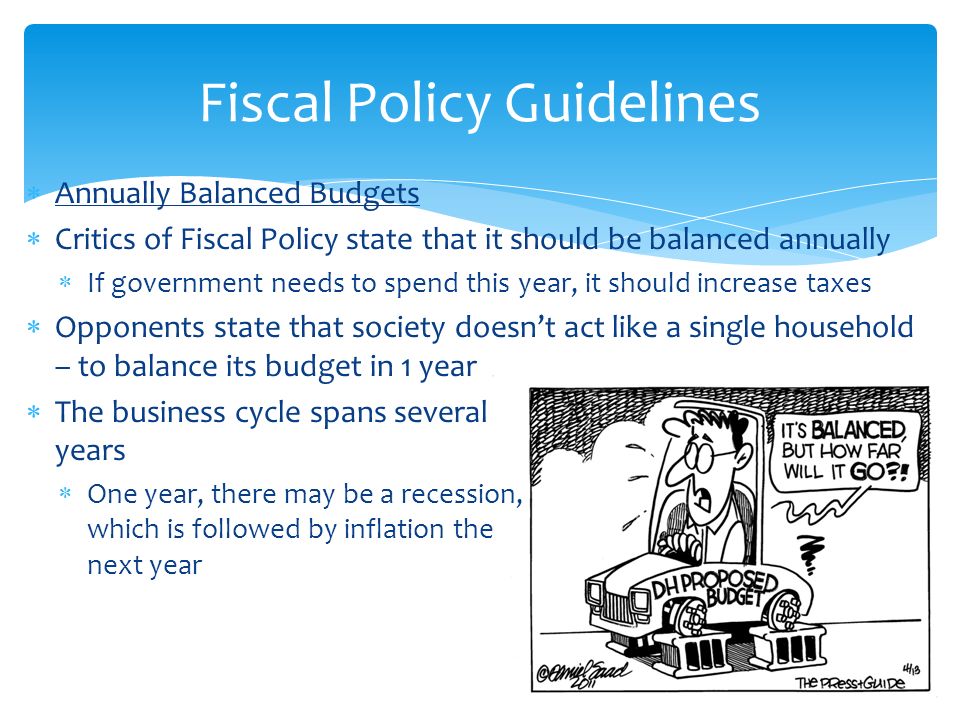  Annually Balanced Budgets  Critics of Fiscal Policy state that it should be balanced annually  If government needs to spend this year, it should increase taxes  Opponents state that society doesn’t act like a single household – to balance its budget in 1 year  The business cycle spans several years  One year, there may be a recession, which is followed by inflation the next year Fiscal Policy Guidelines
