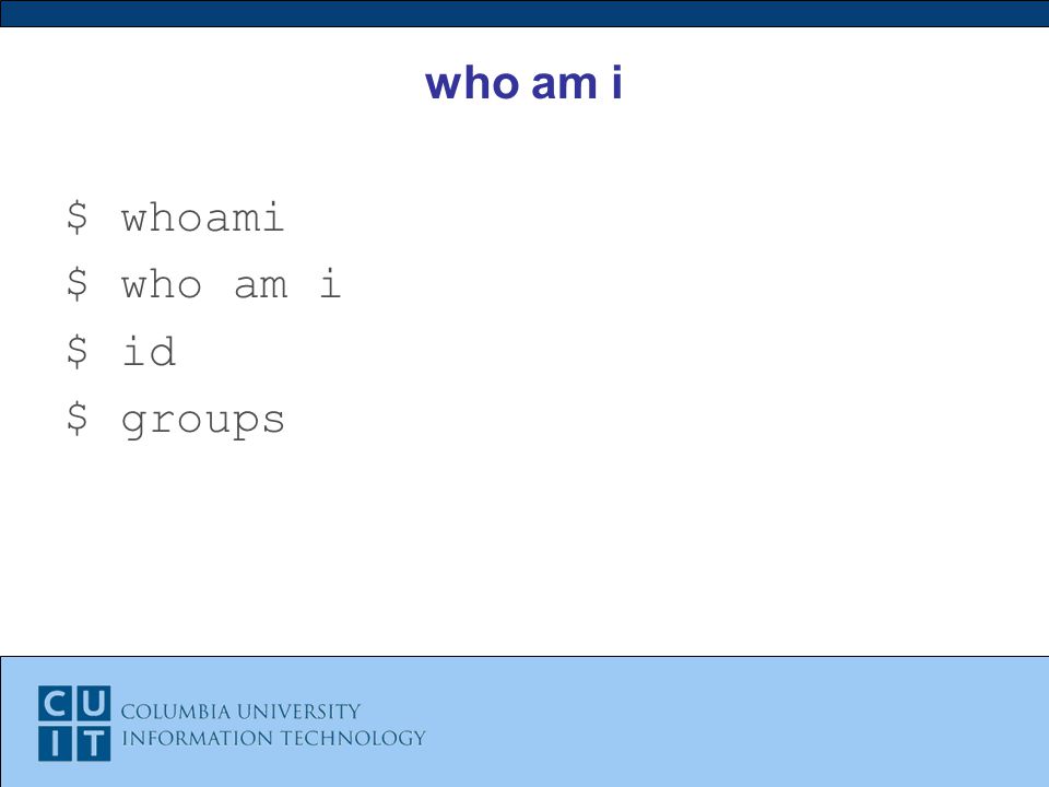 who am i $ whoami $ id $ groups