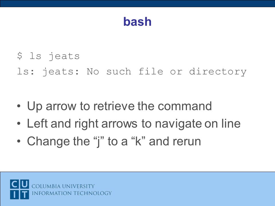 bash $ ls jeats ls: jeats: No such file or directory Up arrow to retrieve the command Left and right arrows to navigate on line Change the j to a k and rerun