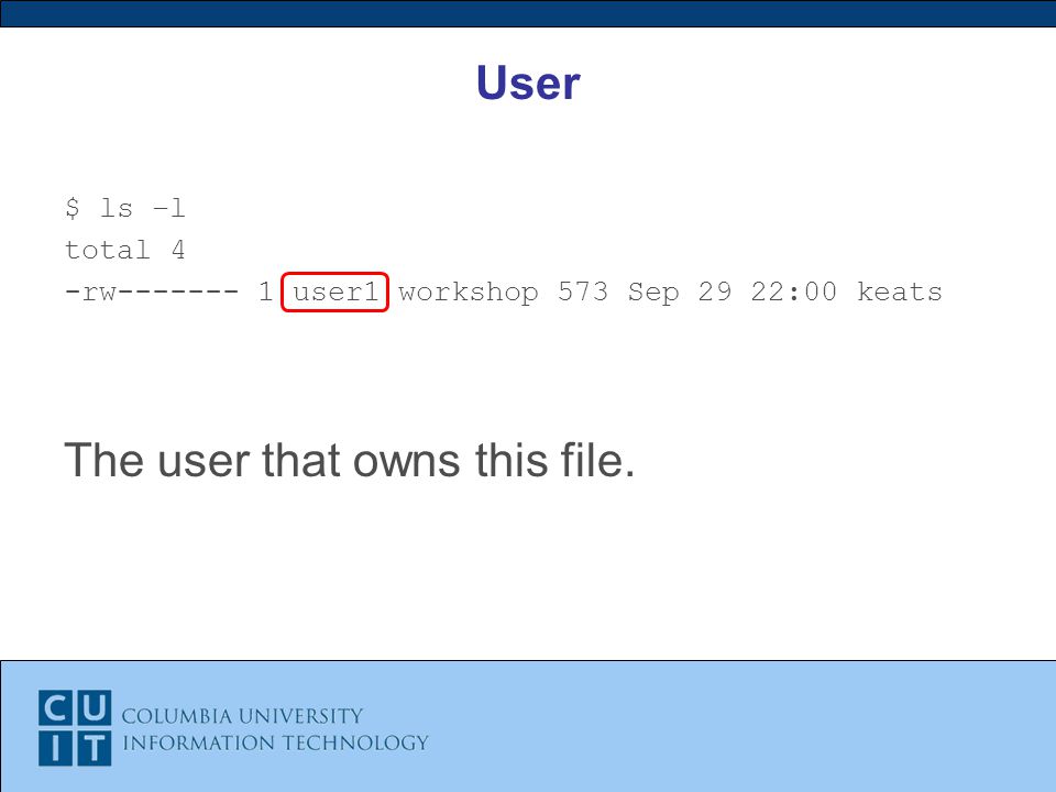 User $ ls –l total 4 -rw user1 workshop 573 Sep 29 22:00 keats The user that owns this file.
