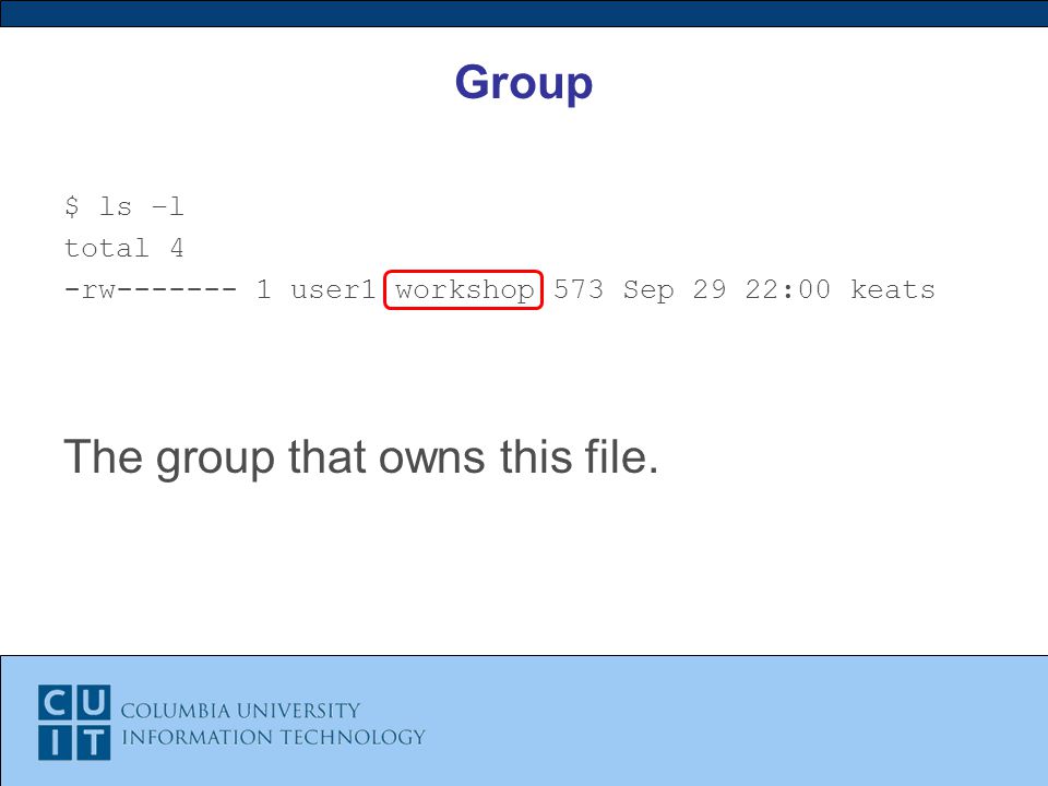 Group $ ls –l total 4 -rw user1 workshop 573 Sep 29 22:00 keats The group that owns this file.
