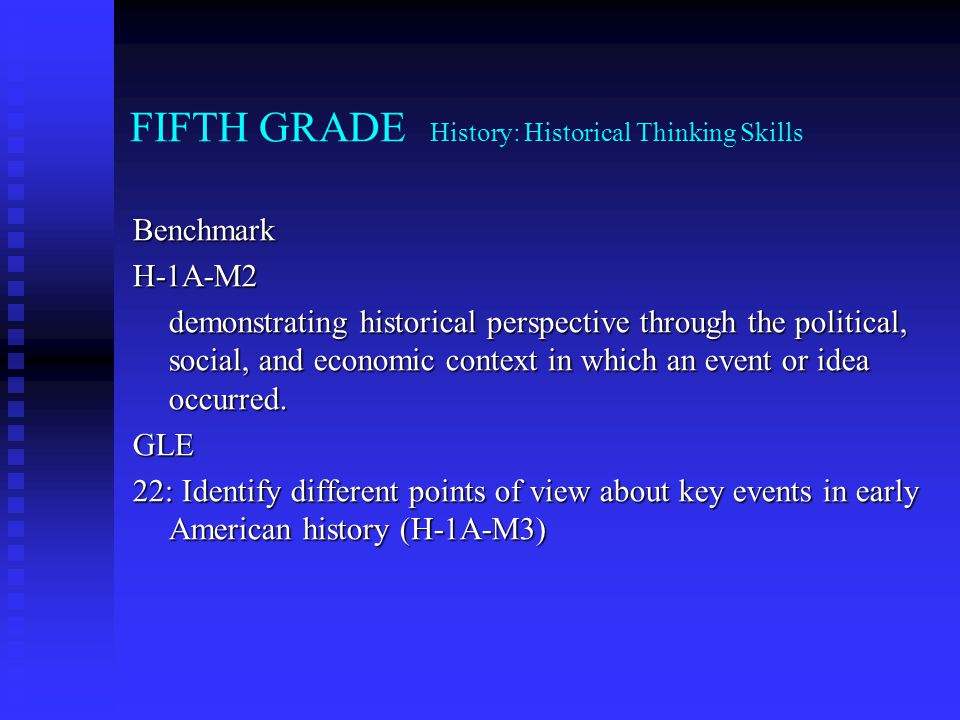 FIFTH GRADE History: Historical Thinking Skills BenchmarkH-1A-M2 demonstrating historical perspective through the political, social, and economic context in which an event or idea occurred.