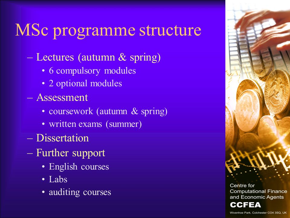 MSc programme structure –Lectures (autumn & spring) 6 compulsory modules 2 optional modules –Assessment coursework (autumn & spring) written exams (summer) –Dissertation –Further support English courses Labs auditing courses