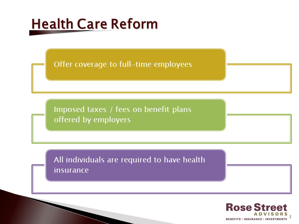 Offer coverage to full-time employees Imposed taxes / fees on benefit plans offered by employers All individuals are required to have health insurance Health Care Reform 3