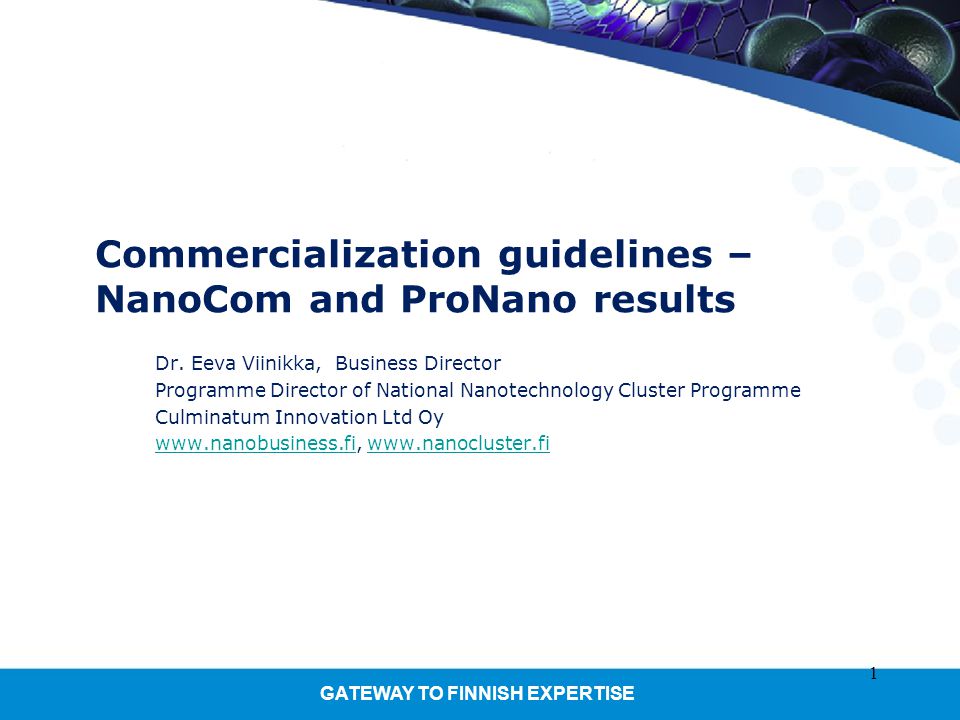 GATEWAY TO FINNISH EXPERTISE 1 Commercialization guidelines – NanoCom and ProNano results Dr.