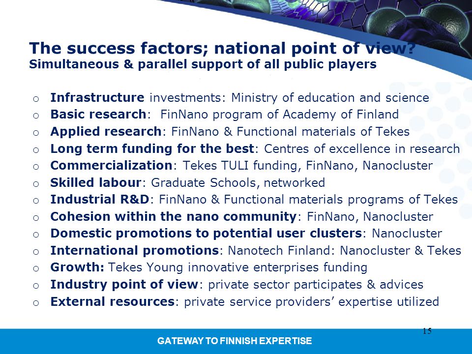 GATEWAY TO FINNISH EXPERTISE The success factors; national point of view.