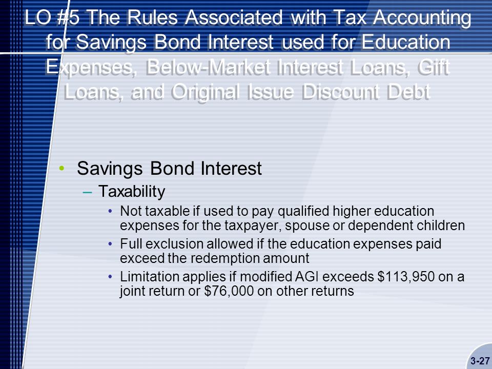 LO #5 The Rules Associated with Tax Accounting for Savings Bond Interest used for Education Expenses, Below-Market Interest Loans, Gift Loans, and Original Issue Discount Debt Savings Bond Interest –Taxability Not taxable if used to pay qualified higher education expenses for the taxpayer, spouse or dependent children Full exclusion allowed if the education expenses paid exceed the redemption amount Limitation applies if modified AGI exceeds $113,950 on a joint return or $76,000 on other returns 3-27