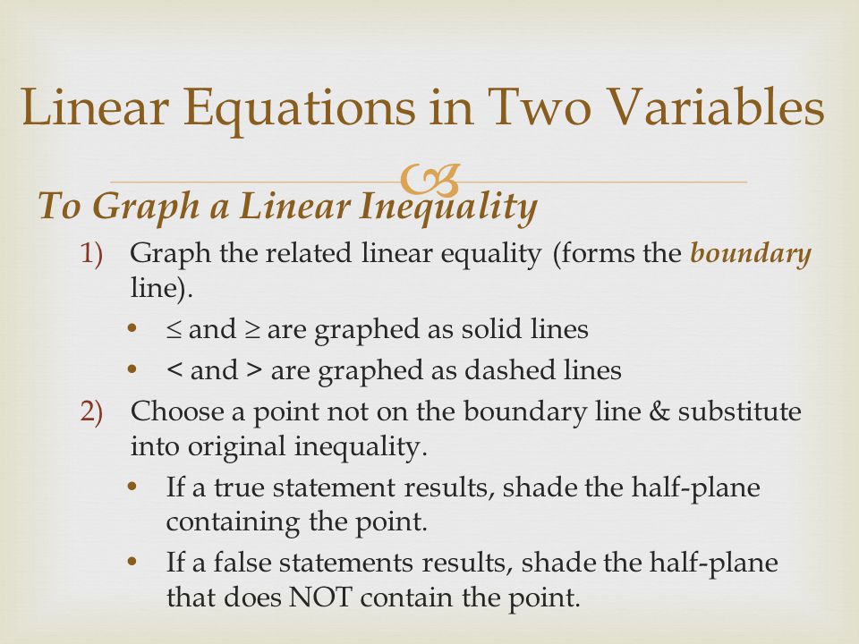  To Graph a Linear Inequality 1)Graph the related linear equality (forms the boundary line).