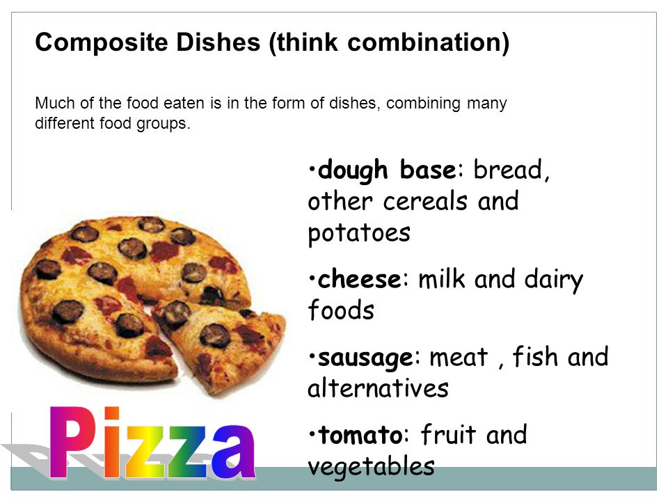 Composite Dishes (think combination) Much of the food eaten is in the form of dishes, combining many different food groups.