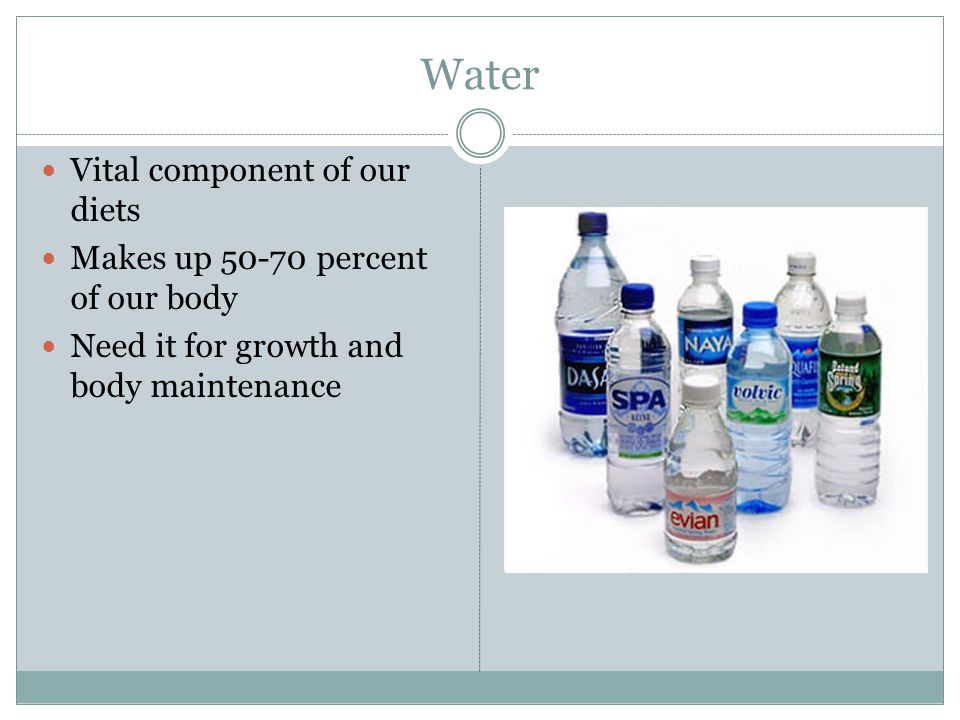 Water Vital component of our diets Makes up percent of our body Need it for growth and body maintenance