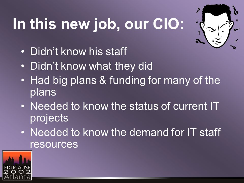 In this new job, our CIO: Didn’t know his staff Didn’t know what they did Had big plans & funding for many of the plans Needed to know the status of current IT projects Needed to know the demand for IT staff resources