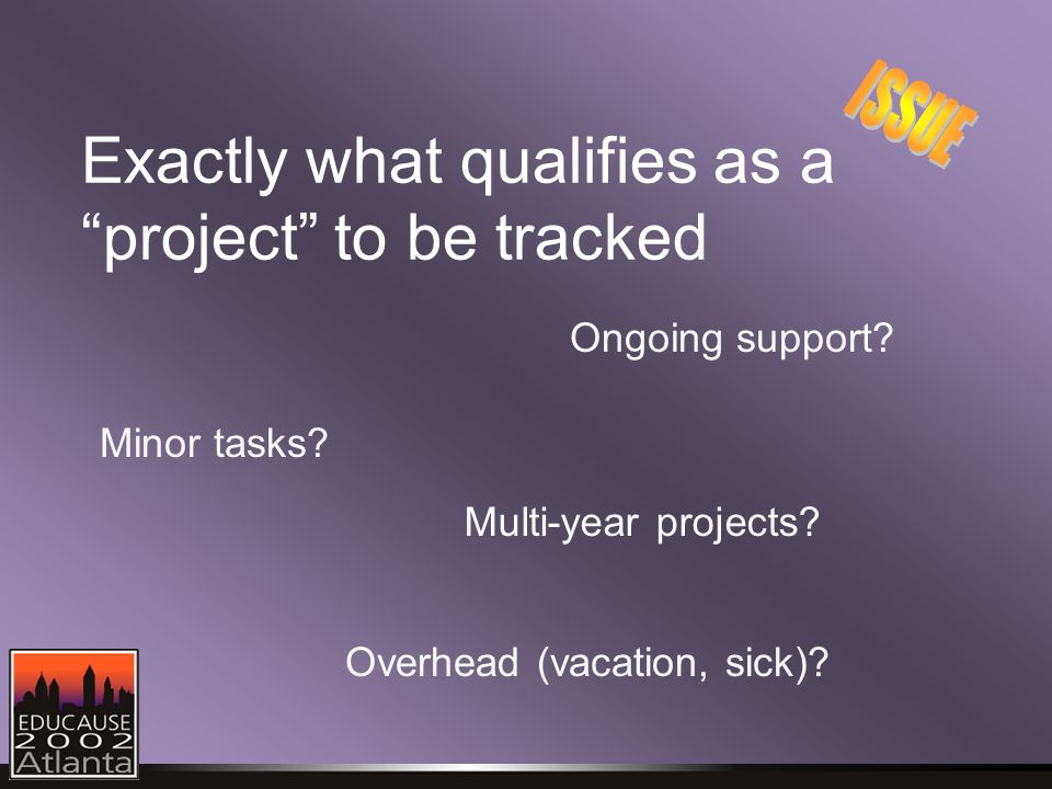 Exactly what qualifies as a project to be tracked Ongoing support.