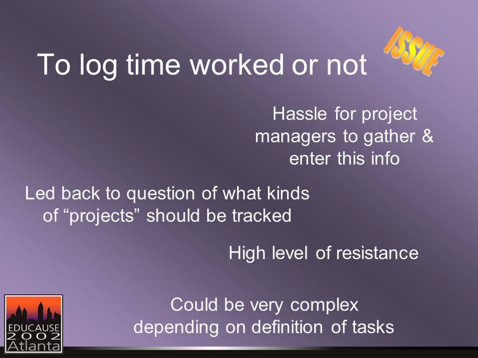 To log time worked or not Hassle for project managers to gather & enter this info Led back to question of what kinds of projects should be tracked High level of resistance Could be very complex depending on definition of tasks