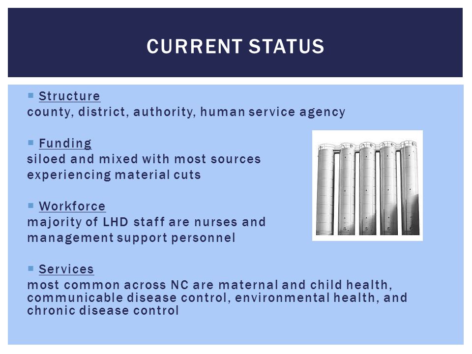  Structure county, district, authority, human service agency  Funding siloed and mixed with most sources experiencing material cuts  Workforce majority of LHD staff are nurses and management support personnel  Services most common across NC are maternal and child health, communicable disease control, environmental health, and chronic disease control CURRENT STATUS
