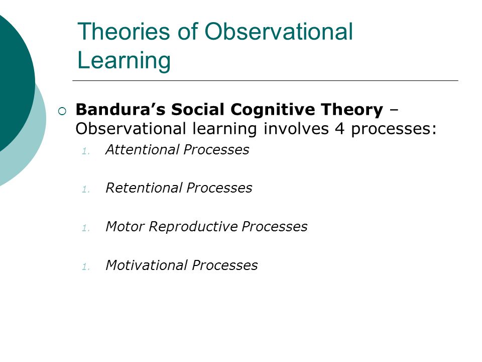 Theories of Observational Learning  Bandura’s Social Cognitive Theory – Observational learning involves 4 processes: 1.