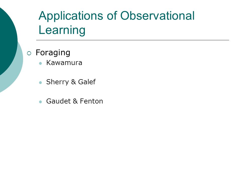 Applications of Observational Learning  Foraging Kawamura Sherry & Galef Gaudet & Fenton
