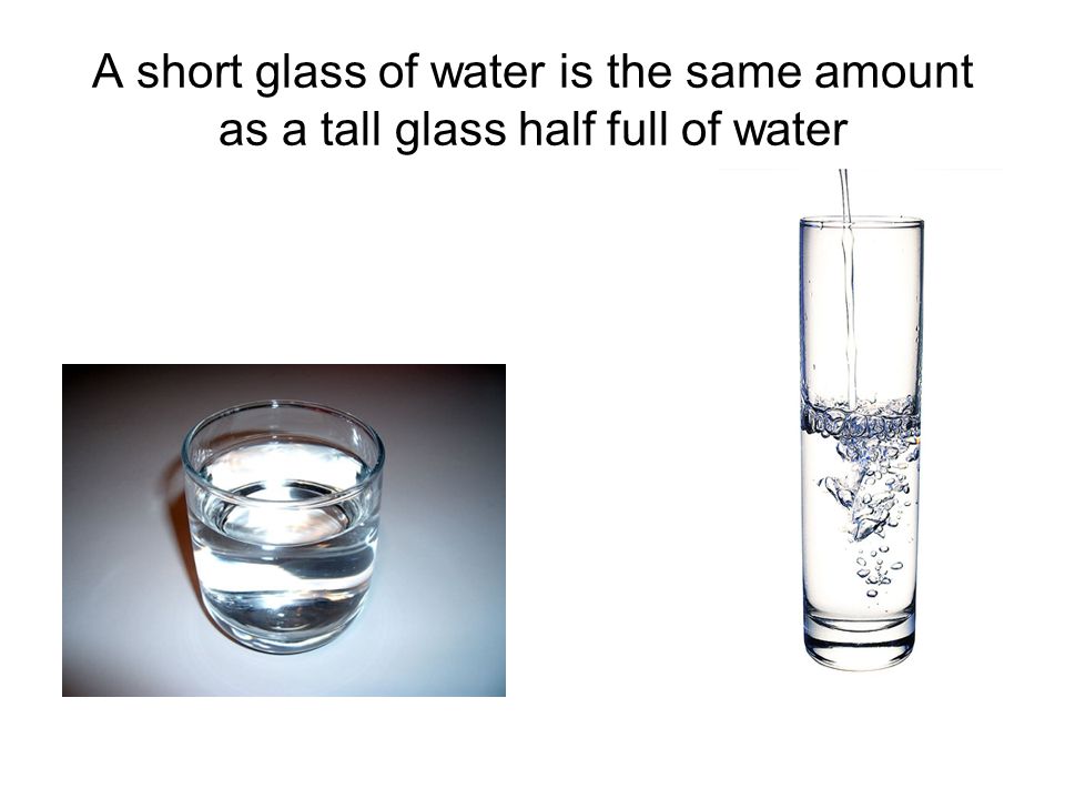 A short glass of water is the same amount as a tall glass half full of water