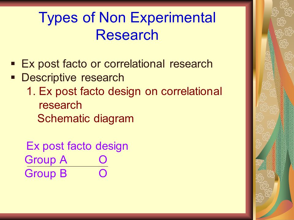 Types of Non Experimental Research  Ex post facto or correlational research  Descriptive research 1.