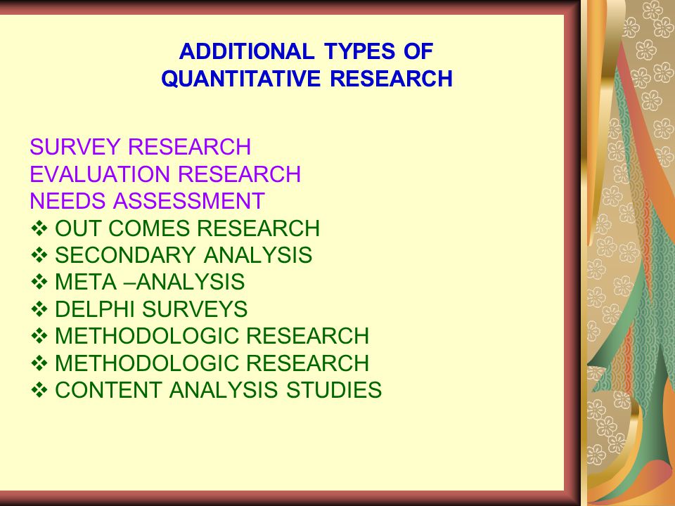 SURVEY RESEARCH EVALUATION RESEARCH NEEDS ASSESSMENT  OUT COMES RESEARCH  SECONDARY ANALYSIS  META –ANALYSIS  DELPHI SURVEYS  METHODOLOGIC RESEARCH  CONTENT ANALYSIS STUDIES ADDITIONAL TYPES OF QUANTITATIVE RESEARCH