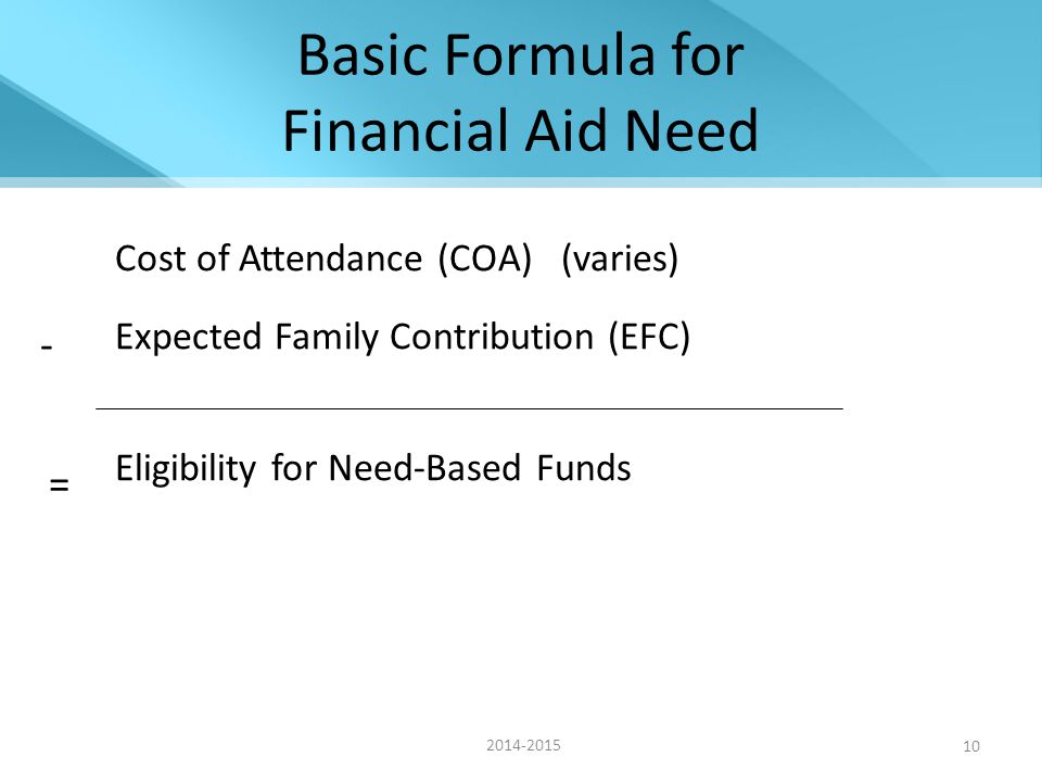 10 Basic Formula for Financial Aid Need Cost of Attendance (COA) (varies) Expected Family Contribution (EFC) Eligibility for Need-Based Funds - =