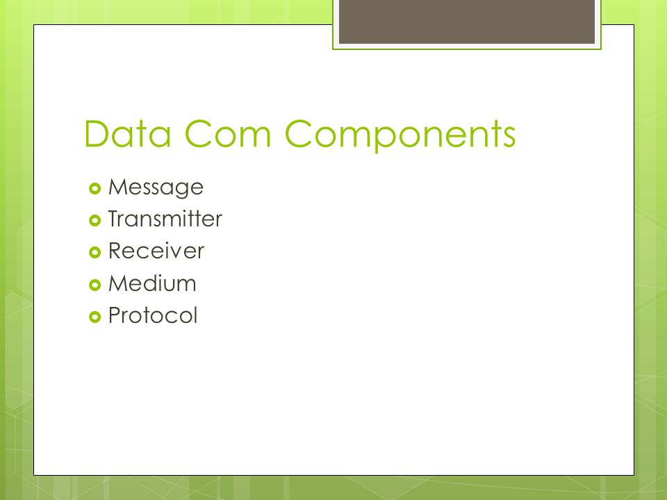 Data Com Components  Message  Transmitter  Receiver  Medium  Protocol