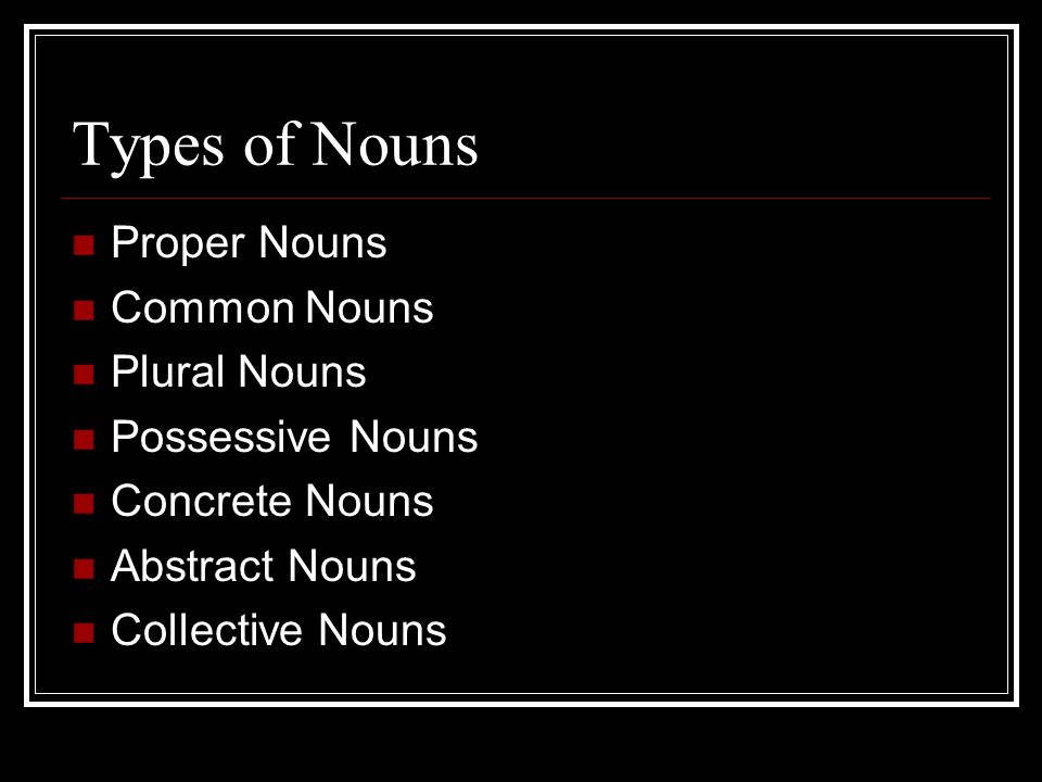 Types of Nouns Proper Nouns Common Nouns Plural Nouns Possessive Nouns Concrete Nouns Abstract Nouns Collective Nouns