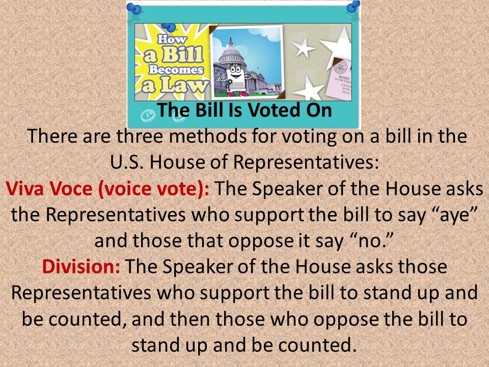 The Bill Is Voted On There are three methods for voting on a bill in the U.S.