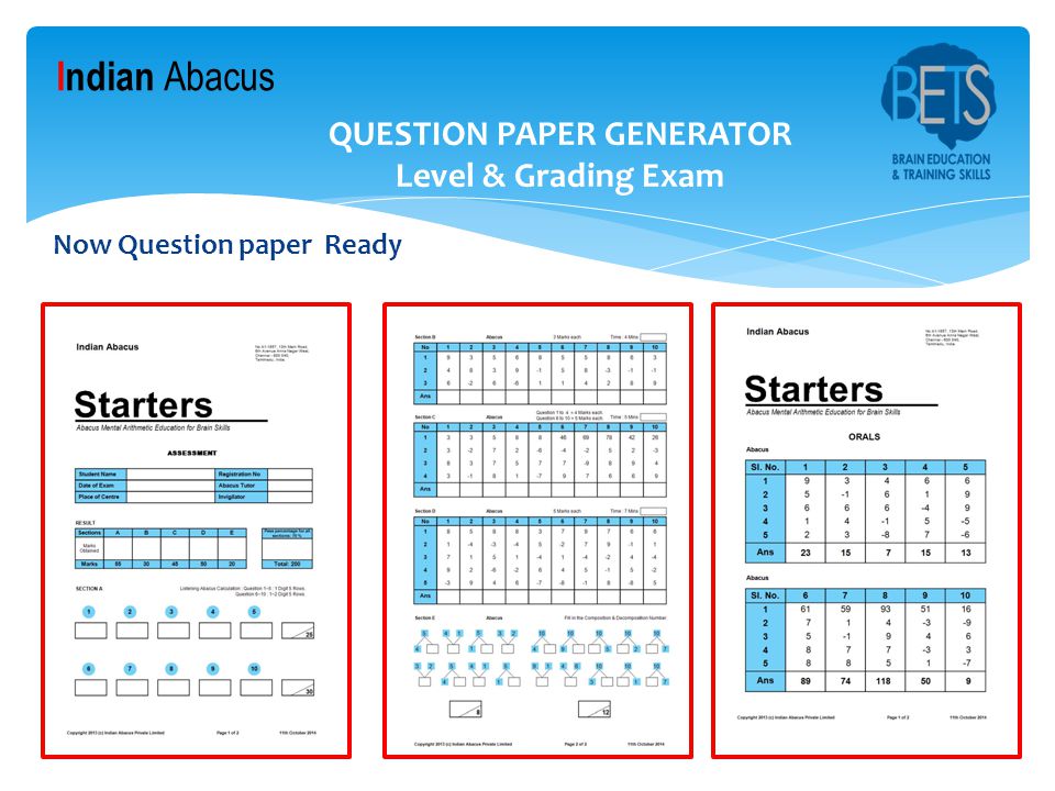 Indian Abacus QUESTION PAPER GENERATOR Level & Grading Exam Now Question paper Ready