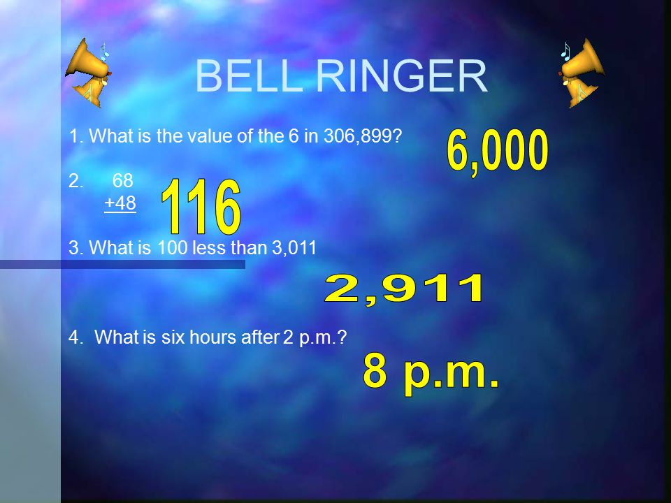 BELL RINGER 1. What is the value of the 6 in 306,899.