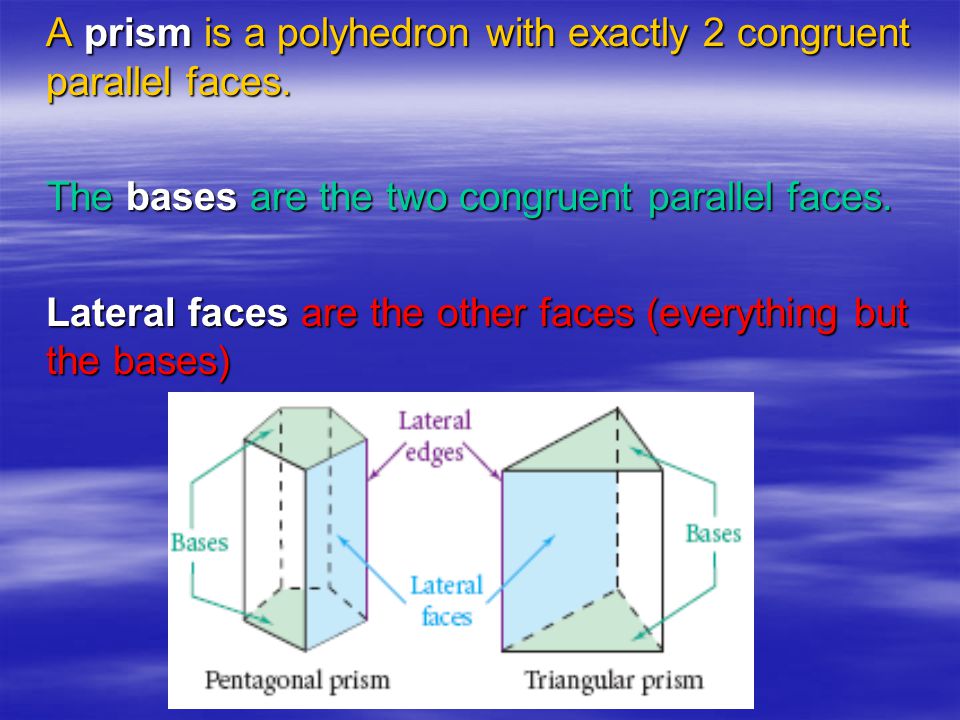 A prism is a polyhedron with exactly 2 congruent parallel faces.