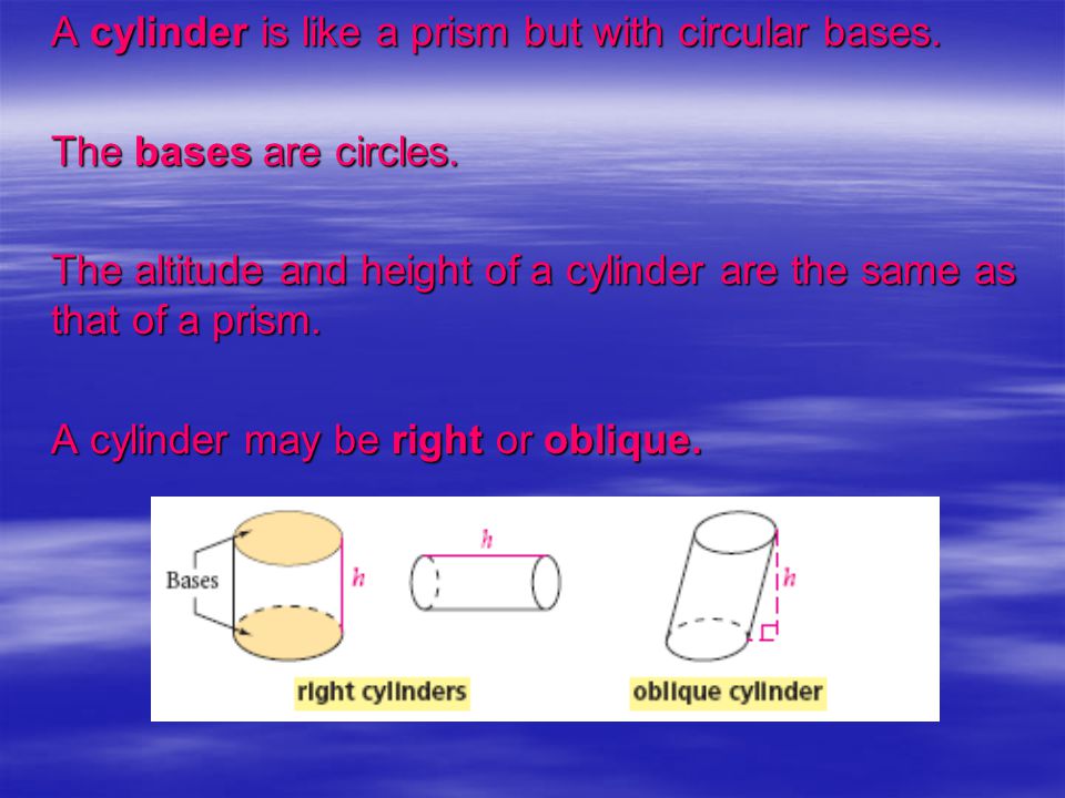 A cylinder is like a prism but with circular bases.