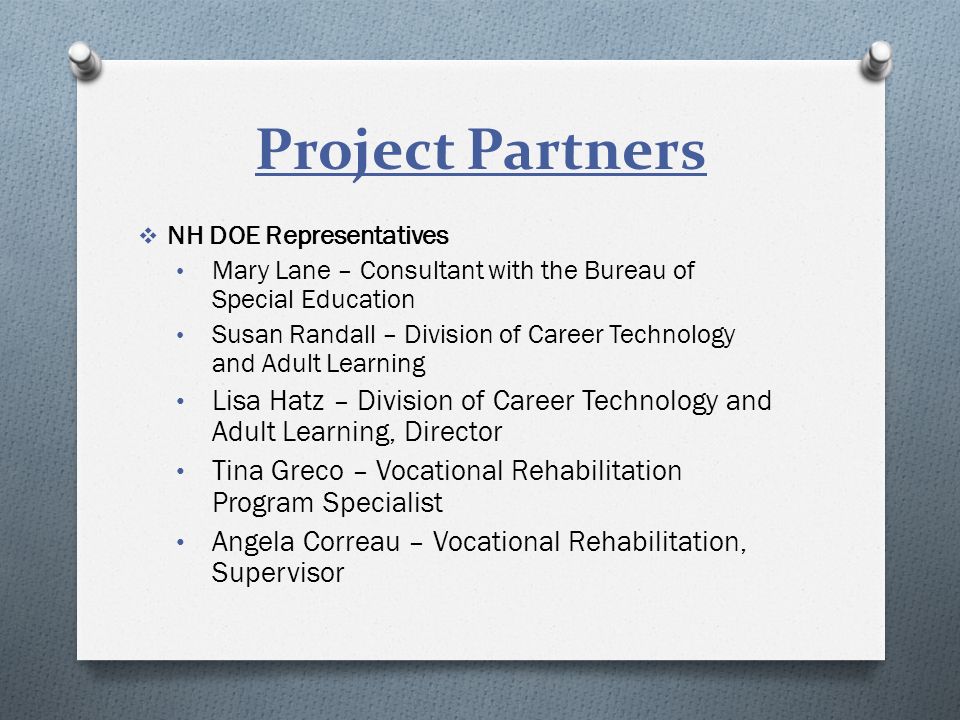 Project Partners  NH DOE Representatives Mary Lane – Consultant with the Bureau of Special Education Susan Randall – Division of Career Technology and Adult Learning Lisa Hatz – Division of Career Technology and Adult Learning, Director Tina Greco – Vocational Rehabilitation Program Specialist Angela Correau – Vocational Rehabilitation, Supervisor