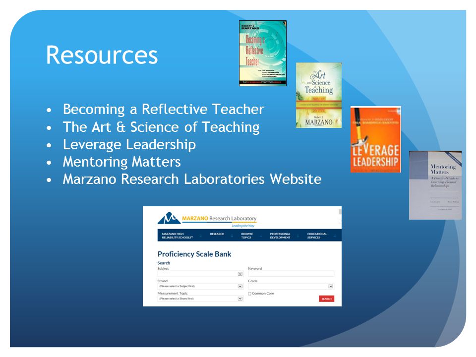 Resources Becoming a Reflective Teacher The Art & Science of Teaching Leverage Leadership Mentoring Matters Marzano Research Laboratories Website